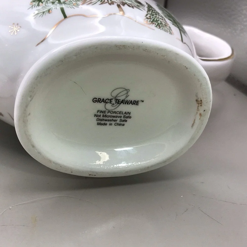 Grace Teaware Porcelain Butter Dish And Gravy Boat Trees And Snow And Gold Trim - Picture 10 of 16